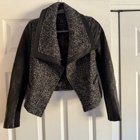 BCBG Maxazria Black/White/ Gray Tweed Quilted Leather combo jacket /coat XXS - Picture 3 of 14